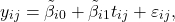 \[y_{ij} = \tilde{\beta}_{i0}+\tilde{\beta}_{i1}t_{ij}+\varepsilon_{ij},\]