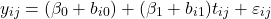 \[y_{ij} = (\beta_0+b_{i0})+(\beta_1+b_{i1})t_{ij}+\varepsilon_{ij}\]